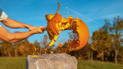 CLOSE UP: Halloween carved pumpkin getting destroyed with baseball bat