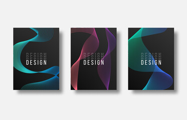 Set of abstract cover design, business brochure template for report in A4 with dynamic waves, soft lines and shapes. Vector.