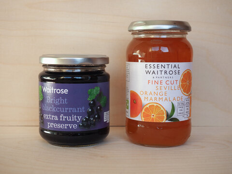 LONDON - 2020: Waitrose jars of orange marmalade and blackcurrant