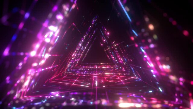 Triangle Neon tunnel. Futuristic interface pattern. Glowing hi technology texture. Abstract motion background. Cyber punk concept. Seamless loop. Pink and violet colors. 4K