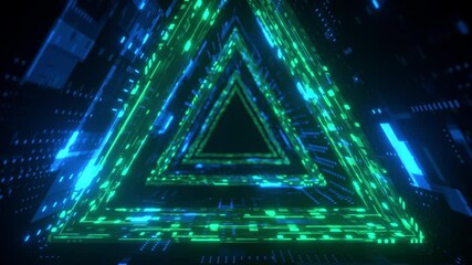 Triangle Neon tunnel. Futuristic interface pattern. Glowing hi technology texture. Abstract motion background. Cyber punk concept. Seamless loop. Green and blue 4K - Powered by Adobe