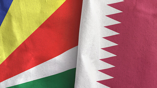 Qatar and Seychelles two flags textile cloth 3D rendering