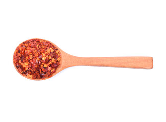 Fototapeta na wymiar spicy chili with wooden spoon scoop isolated on white