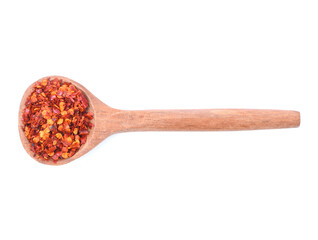 spicy chili with wooden spoon scoop isolated on white