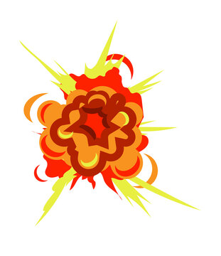Bomb blast. Big cartoon bomb explosion with shrapnel and fireball isolated on white background. Vector bright fiery explosion with yellow red smoke club cloud illustration
