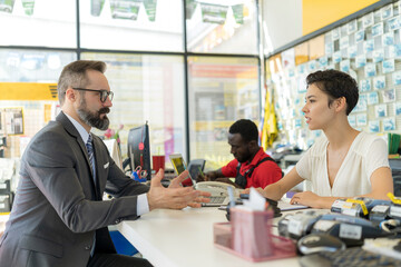 Business man talking face to face with customer service