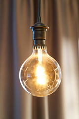 round incandescent lamp hanging on brown blurred background