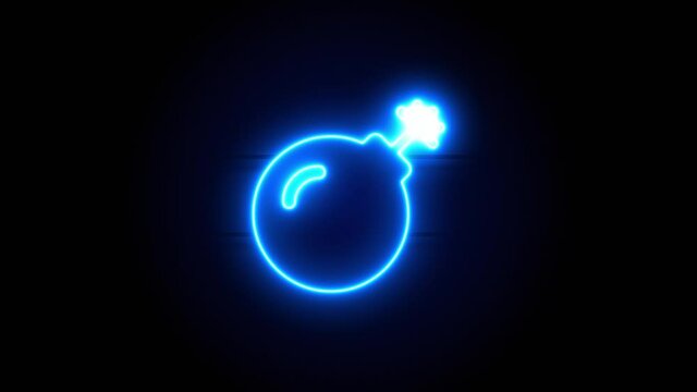 Bomb neon sign appear in center and disappear after some time. Animated blue neon symbol on black background. Looped animation.