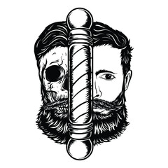 tattoo and t-shirt design black and white hand drawn skull barbershop premium vector