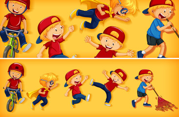 Set of different kid characters on yellow color background