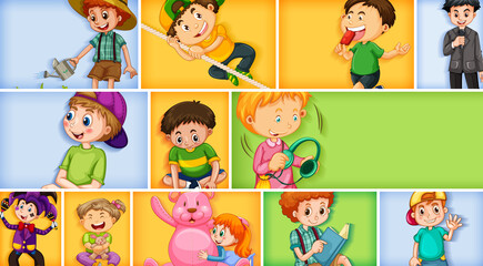 Obraz na płótnie Canvas Set of different kid characters on different color background