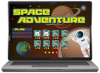 Space adventure mission game on laptop screen