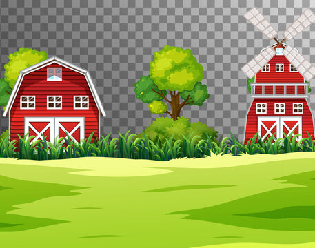 Farm with red barn and windmill on transparent background