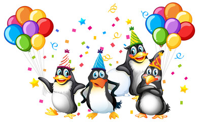 Penguins group in party theme cartoon character on white background