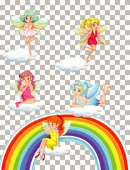 Cute fairies with rainbow on transparent background