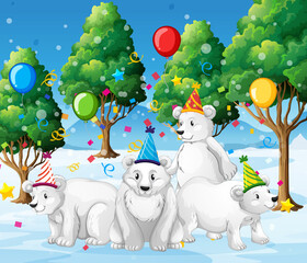 Polar bear group in party theme cartoon character on white background