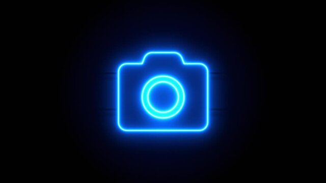 Photo Camera neon sign appear in center and disappear after some time. Animated blue neon symbol on black background. Looped animation.