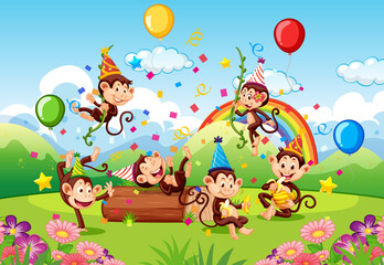Obraz na płótnie Canvas Many monkeys in party theme in nature forest background