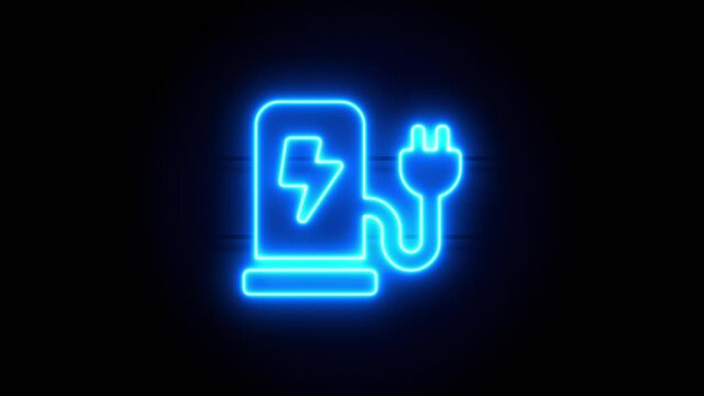 Charging Station neon sign appear in center and disappear after some time. Animated blue neon symbol on black background. Looped animation.