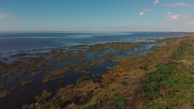Aerial drone footage Okeechobee lake USA.