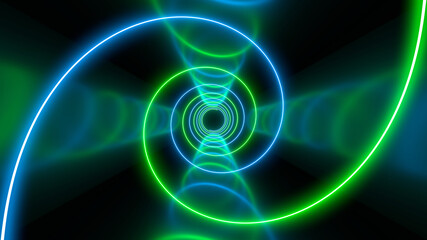 Sci Fy neon lamps in a dark tunnel. Reflections on the floor and walls. 3d rendering image.
