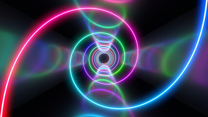 Sci Fy neon lamps in a dark tunnel. Reflections on the floor and walls. 3d rendering image.