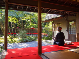 A woman relaxing in a teahouse, Seisyo-ken, Hogon-in Temple, Kyoto, Japan