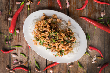 Chicken Basil with Rice.  Street food concept