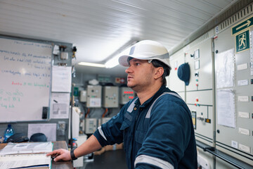 Marine engineer officer in engine control room ECR. Seamen's work. He does check and coltrol of ship systems