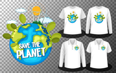Save the Planet Day logo with Set of different shirts with Save the Planet Day logo screen on shirts