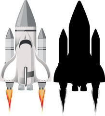 Rocket with its silhouette on white background