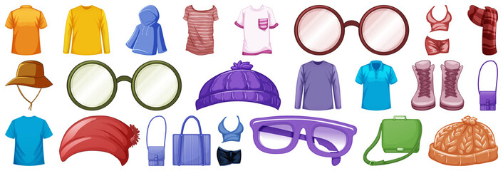 Set of fashion outfits and accessories on white background