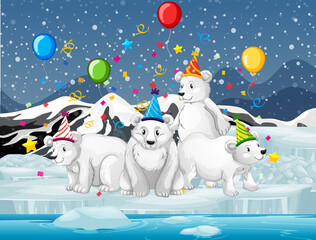Fototapeta premium Polar bear group in party theme cartoon character on forest background