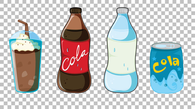 Set of different types of soft or sweet drinks isolated on transparent background