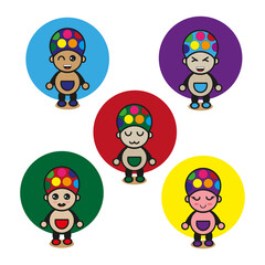 five cute mushroom characters with colors