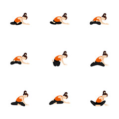 Seated side lean and twist yoga asanas set / Illustration stylized woman practicing butterfly, lotus and other poses with side lean and twist 