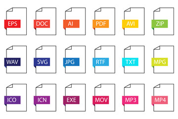 Document files icons set. Vector images of computer file extensions. Data folders. Stock image. EPS 10