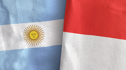 Indonesia and Argentina two flags textile cloth 3D rendering