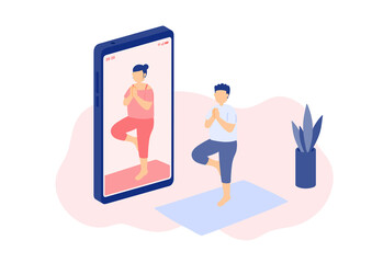 Social distancing stay at home, Miniature tiny people yoga online class, E-learning smartphone application concept Poster or social banner design illustration on white background, copy space vector