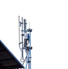Telecommunication tower of 4G and 5G cellular. Base Station or Base Transceiver Station. Wireless Communication Antenna Transmitter. Telecommunication tower with antennas isolated on white background.