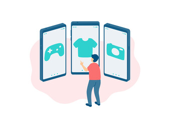 Social distancing stay at home, Miniature tiny man people shopping online, Smartphone e-commerce application concept Poster or social banner design illustration on white background, copy space vector