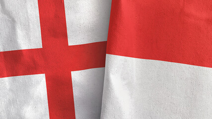Indonesia and England two flags textile cloth 3D rendering