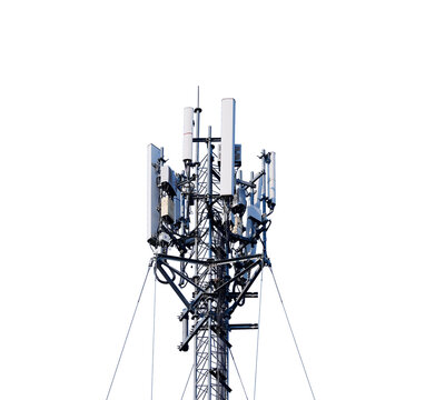 Telecommunication tower of 4G and 5G cellular. Base Station or Base Transceiver Station. Wireless Communication Antenna Transmitter. Telecommunication tower with antennas isolated on white background.