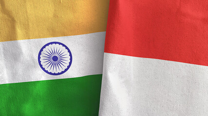 Indonesia and India two flags textile cloth 3D rendering