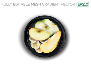 Apple, pear and banana slices on a black plate.