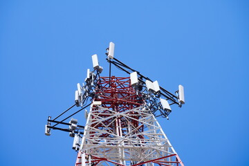Telecommunication tower of 4G and 5G cellular. Macro Base Station. 5G radio network telecommunication equipment with radio modules and smart antennas mounted on a metal. 