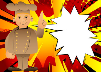 Fat male cartoon chef in uniform making a point. Vector illustration.