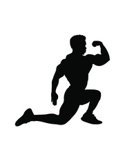 Fototapeta na wymiar Vector silhouette drawing in the profile of the whole body of a pumped-up posing bodybuilder black Afro African American men with large muscles in a knee stand.Sport Fitness illustration.Sportsman.