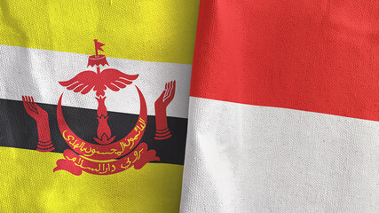 Indonesia and Brunei two flags textile cloth 3D rendering