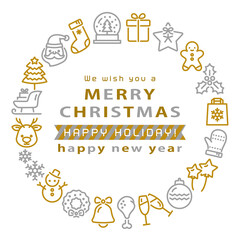 線画アイコンの丸フレームのクリスマスカード